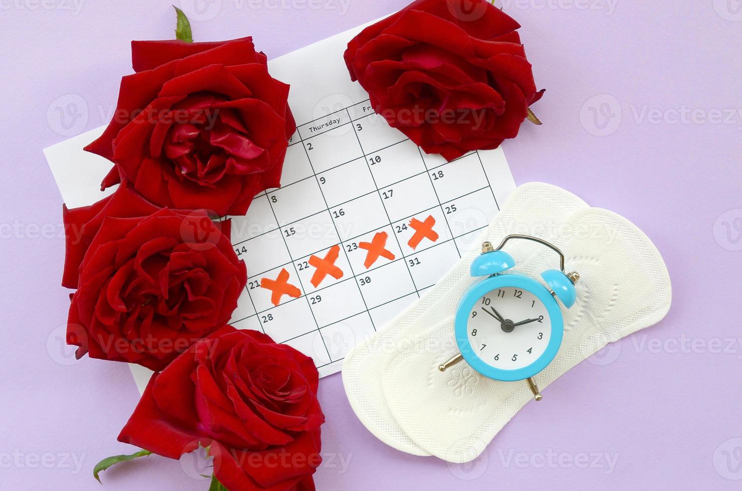 Menstrual pads on menstruation period calendar with blue alarm clock and red rose flowers photo