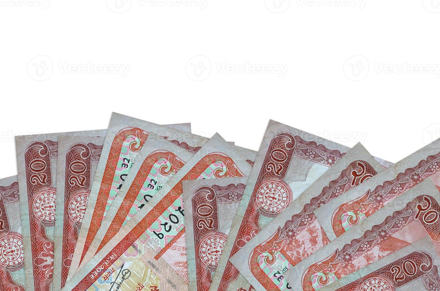 20 Nepalese rupees bills lies on bottom side of screen isolated on