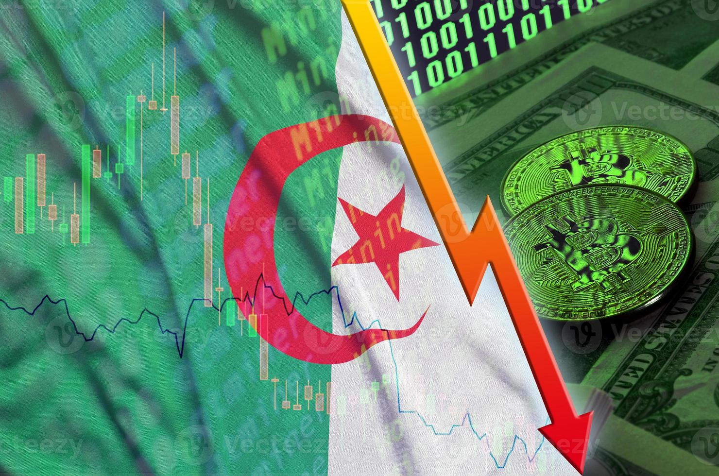 Algeria flag and cryptocurrency falling trend with two bitcoins on dollar bills and binary code