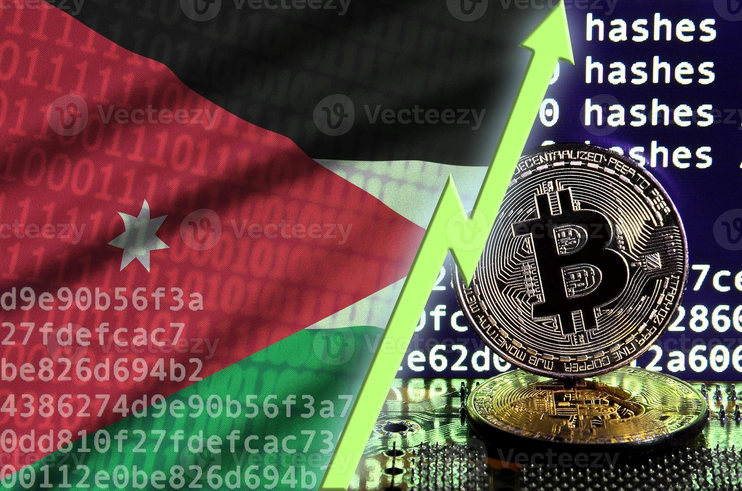 Jordan flag and rising green arrow on bitcoin mining screen and two physical golden bitcoins photo