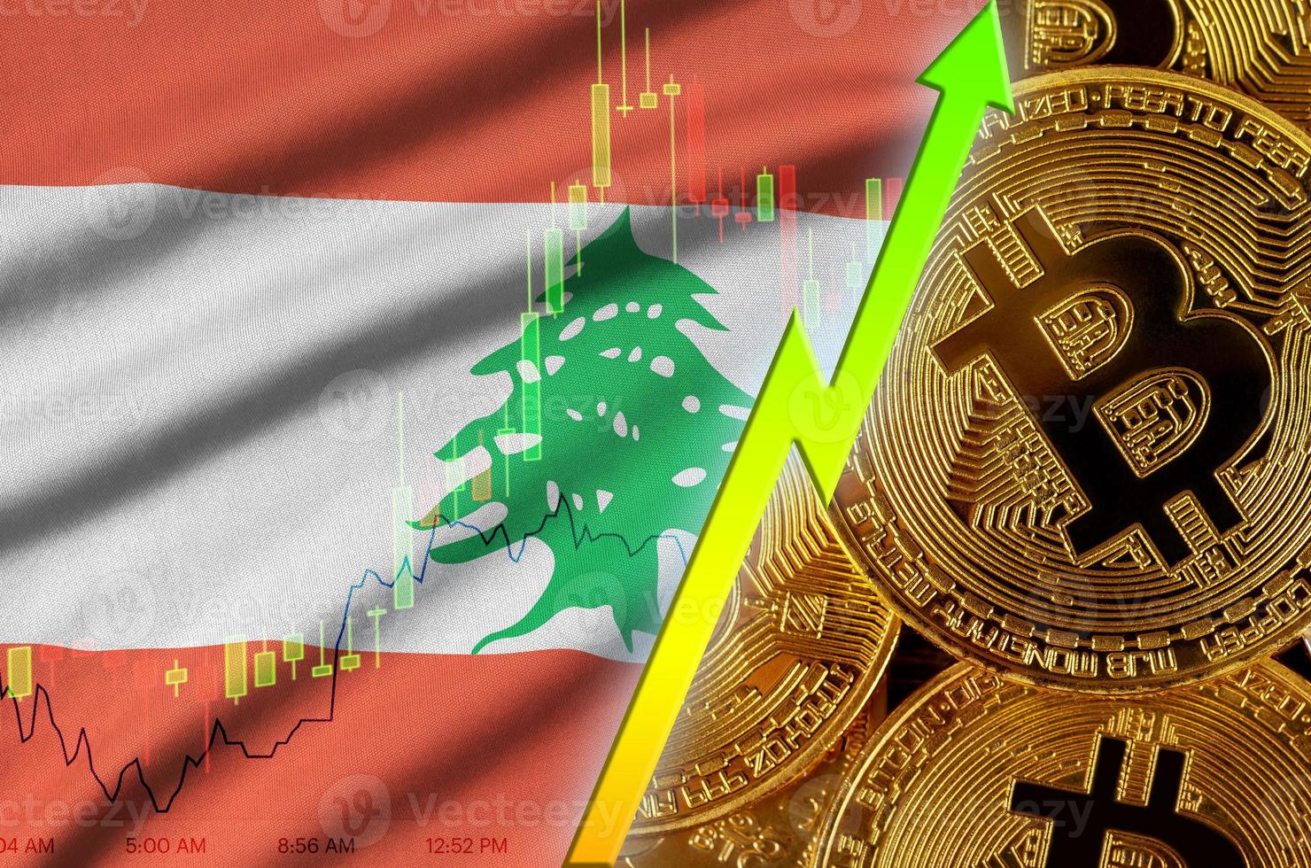 Lebanon flag and cryptocurrency growing trend with many golden bitcoins photo