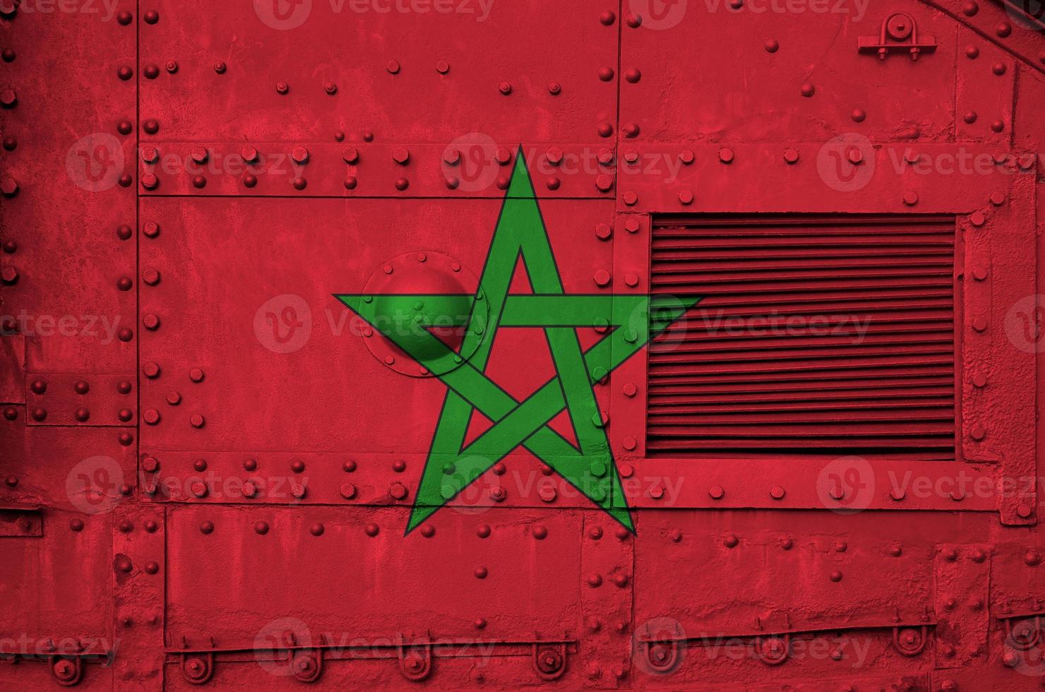 Morocco flag depicted on side part of military armored tank closeup. Army forces conceptual background photo