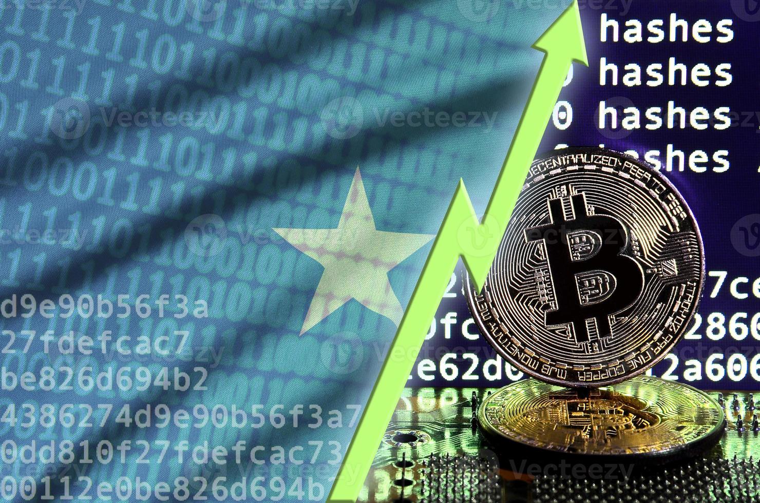Somalia flag and rising green arrow on bitcoin mining screen and two physical golden bitcoins photo