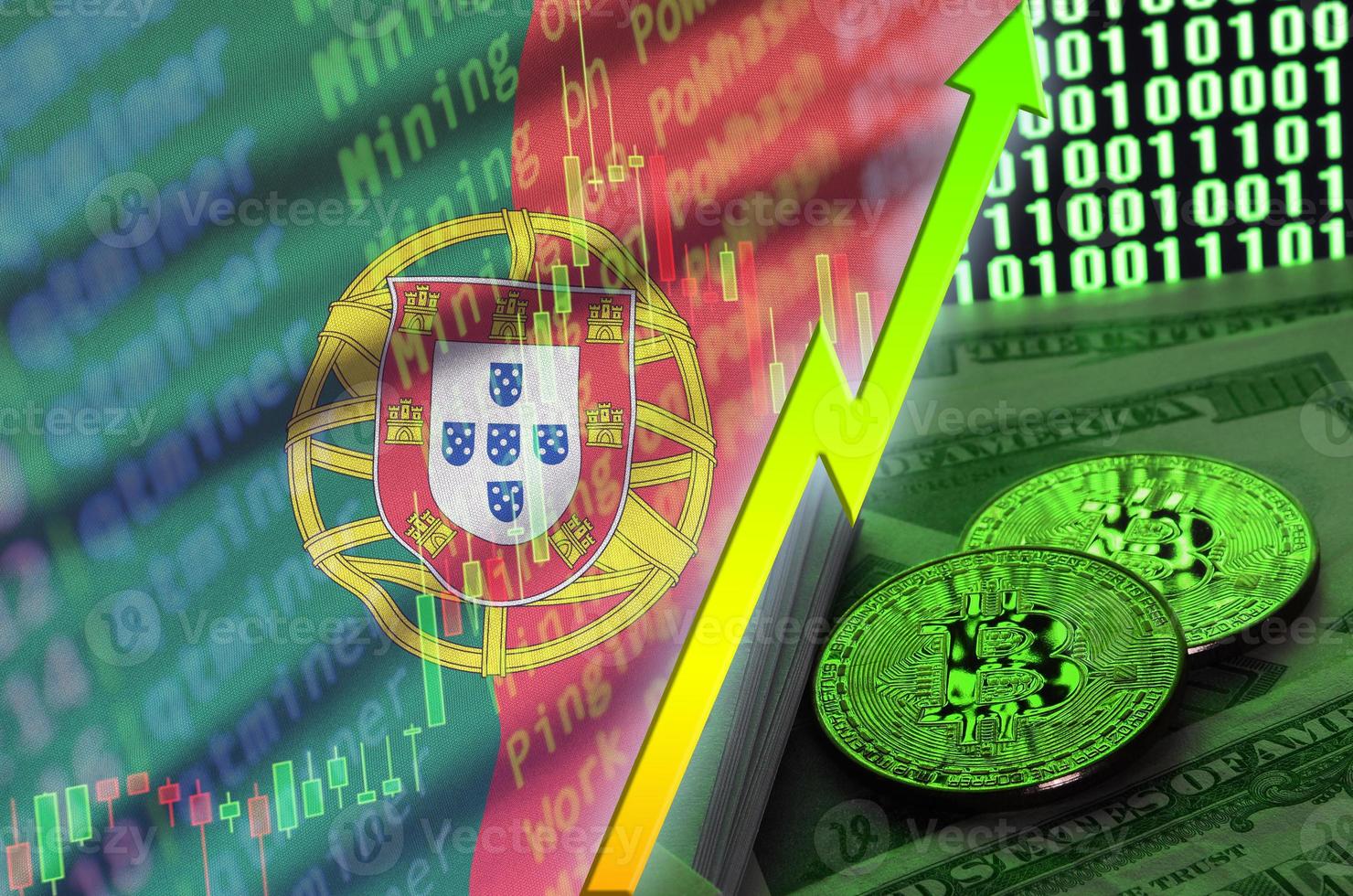 Portugal flag and cryptocurrency growing trend with two bitcoins on dollar bills and binary code display photo