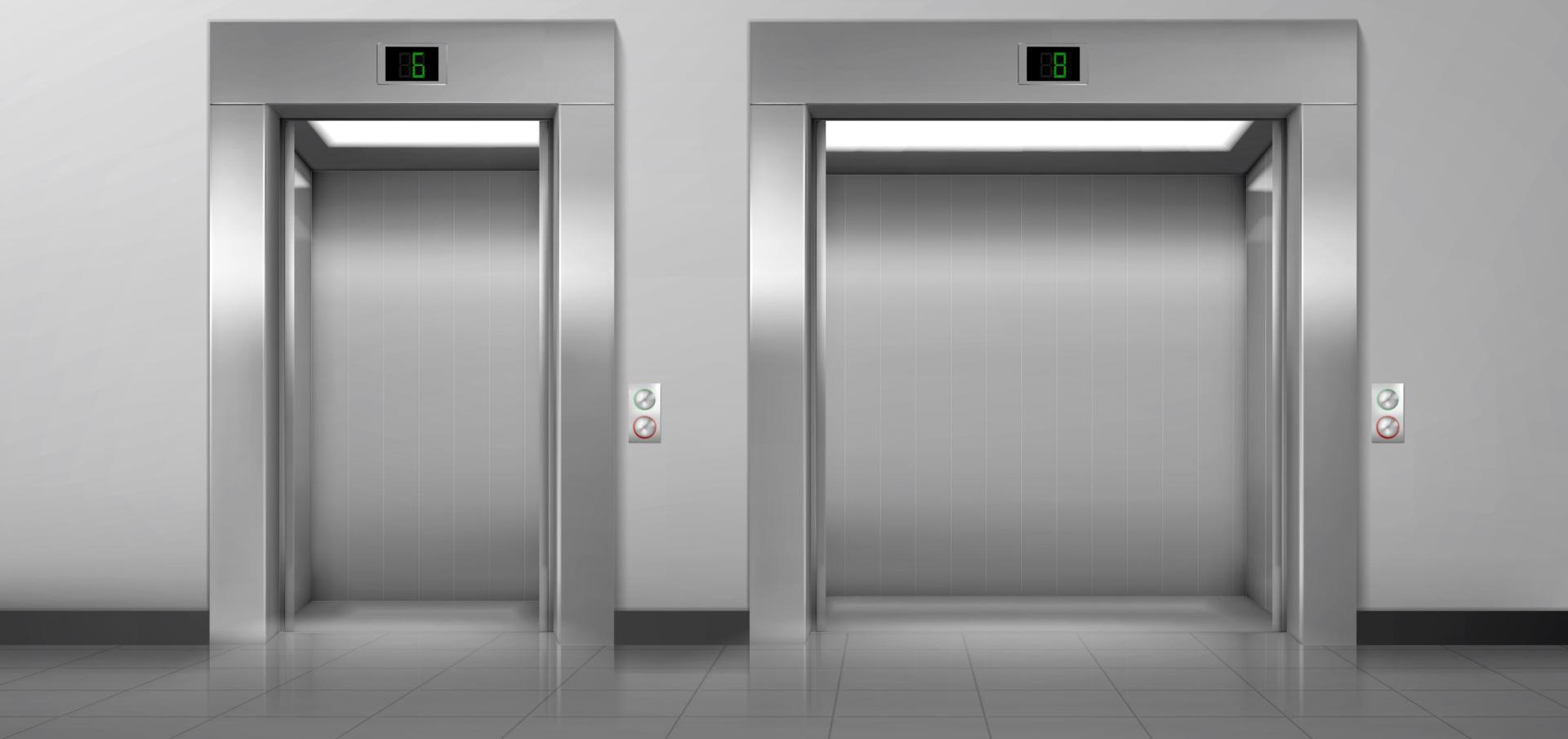 Passenger and cargo elevators with open doors vector