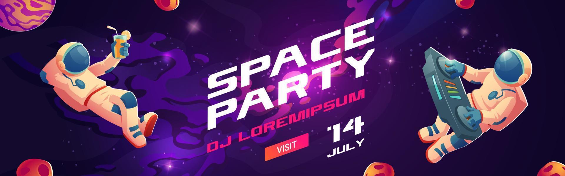 Space party cartoon flyers, invite to music show vector