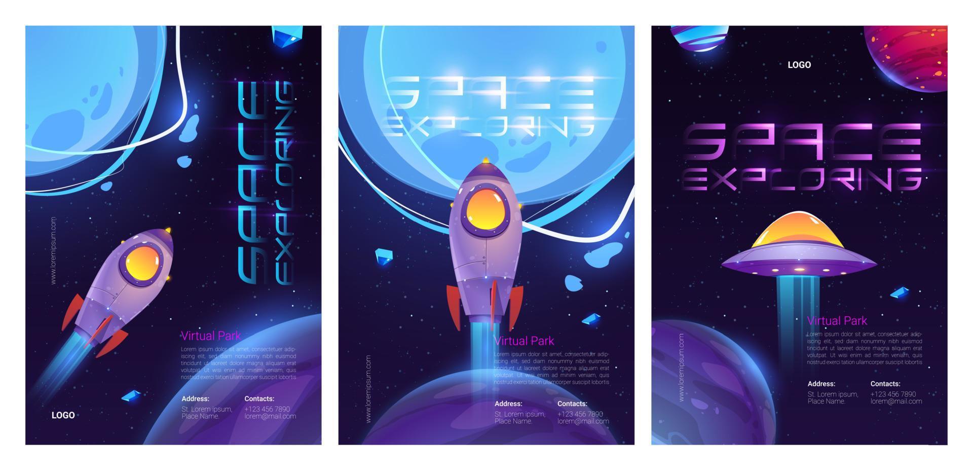 Space exploring posters saucer, planets, rocket vector