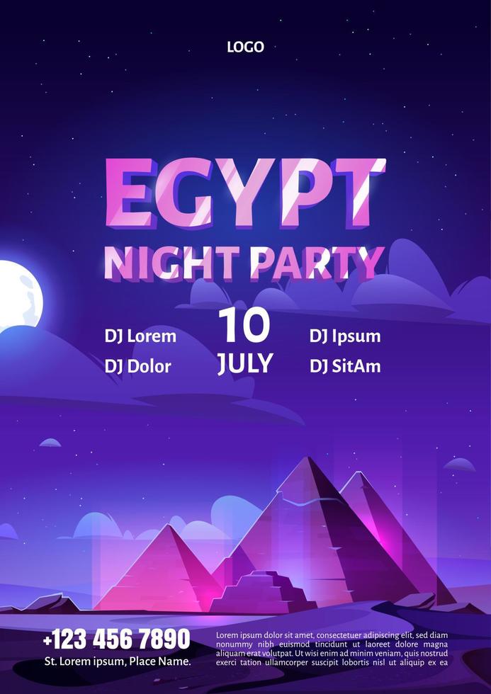 Egypt night party cartoon flyer with pyramids vector