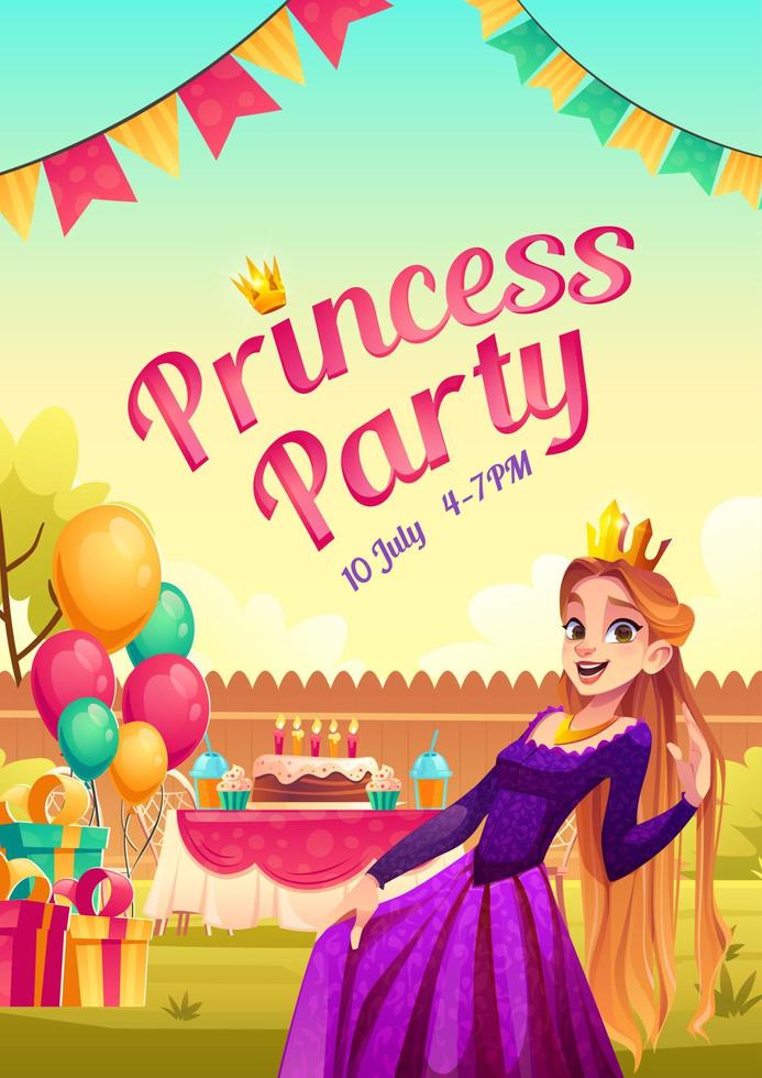 cartel de dibujos animados de fiesta de princesa con niña en corona vector