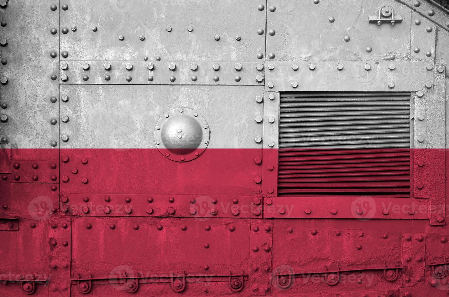Poland flag depicted on side part of military armored tank closeup. Army forces conceptual background photo
