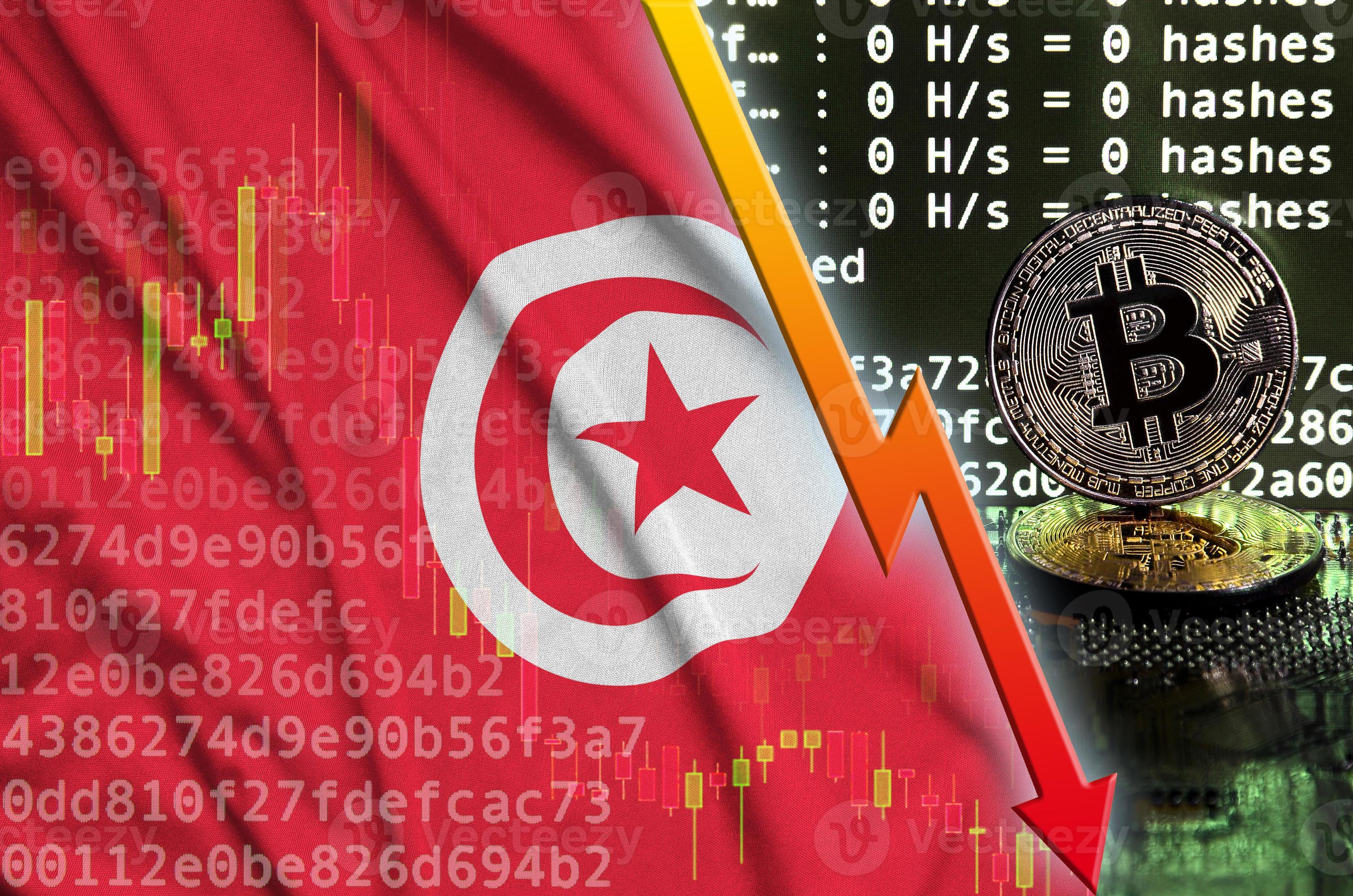 Tunisia flag and falling red arrow on bitcoin mining screen and two