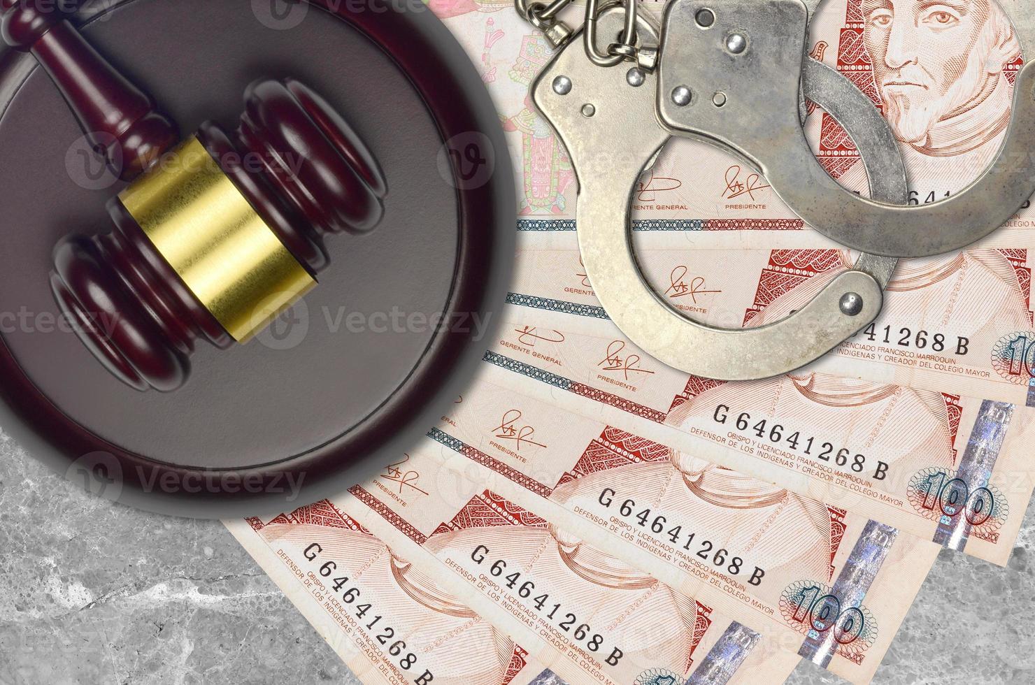 100 Guatemalan quetzales bills and judge hammer with police handcuffs on court desk. Concept of judicial trial or bribery. Tax avoidance photo