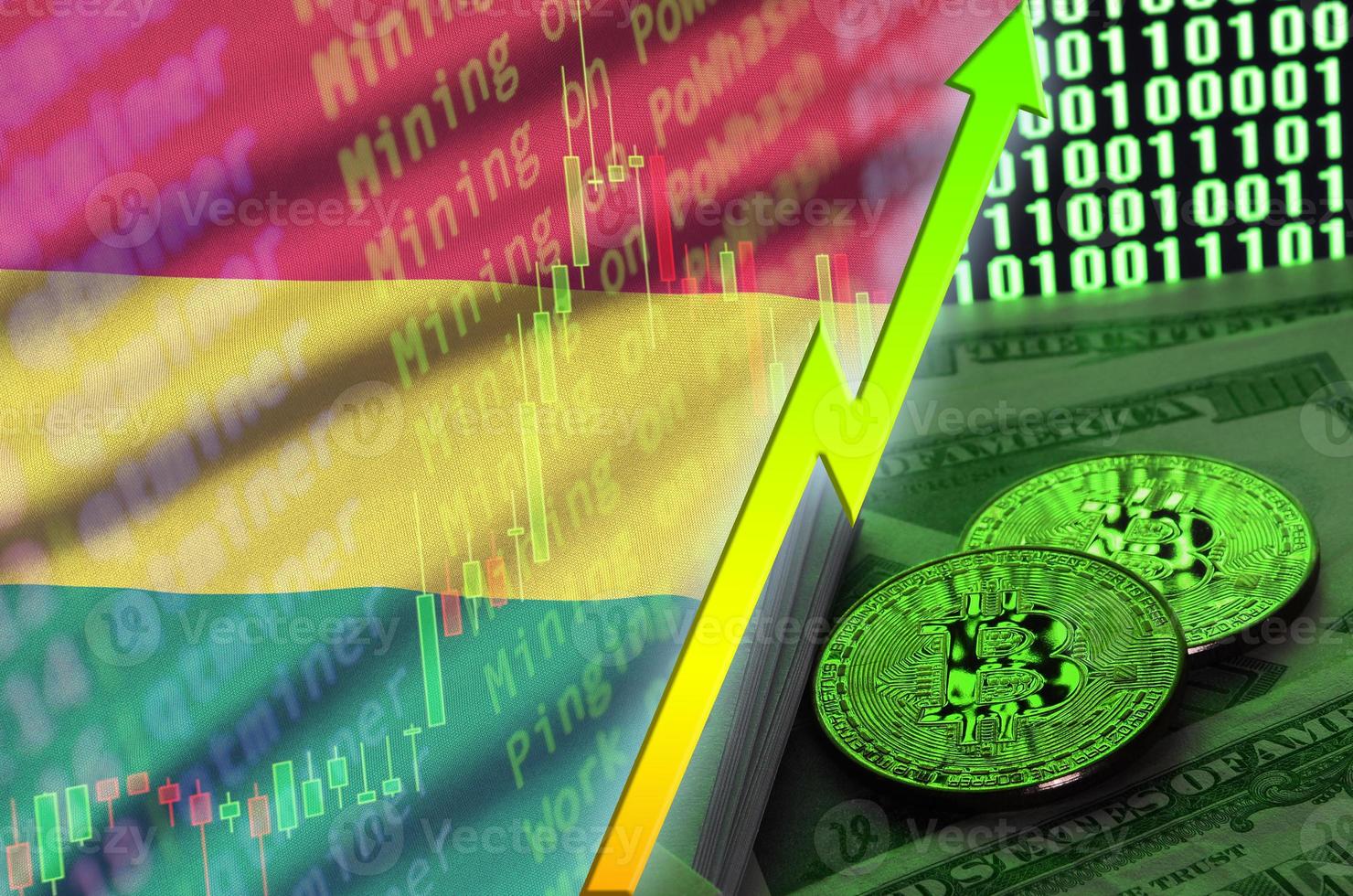 Bolivia flag and cryptocurrency growing trend with two bitcoins on dollar bills and binary code display photo