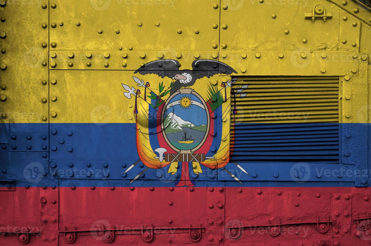 Ecuador flag depicted on side part of military armored tank closeup. Army forces conceptual background photo