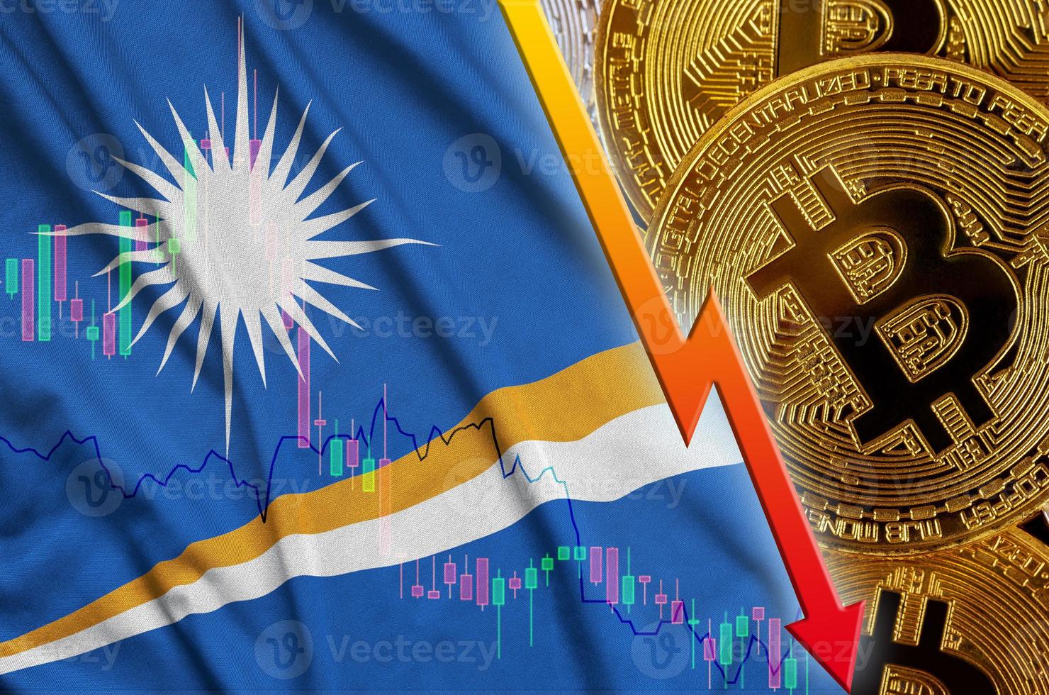 Marshall Islands flag and cryptocurrency falling trend with many golden bitcoins photo