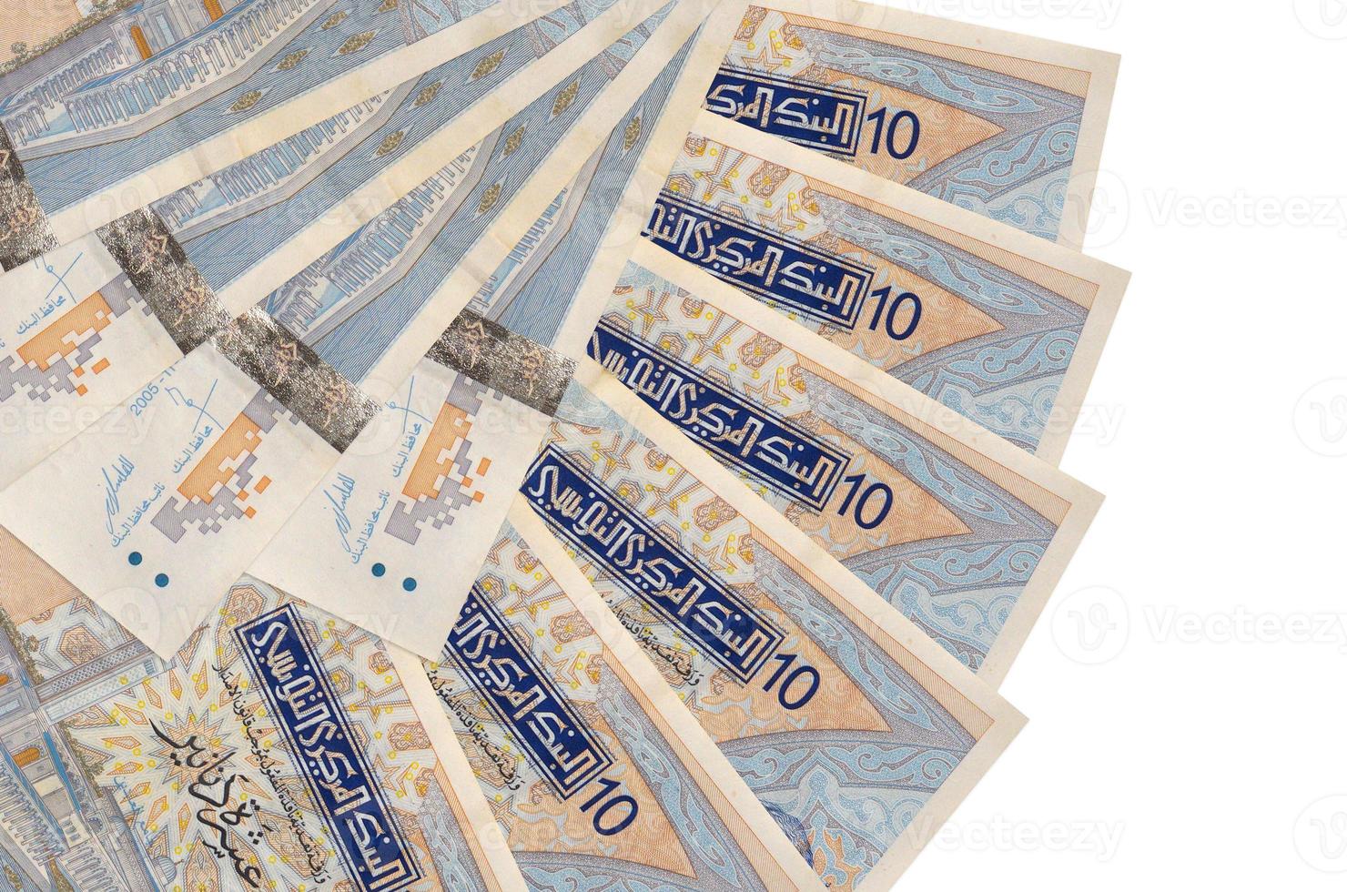 10 Tunisian dinars bills lies isolated on white background with copy space stacked in fan shape close up photo