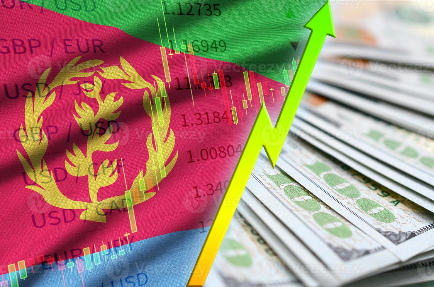 Eritrea flag and chart growing US dollar position with a fan of dollar bills photo