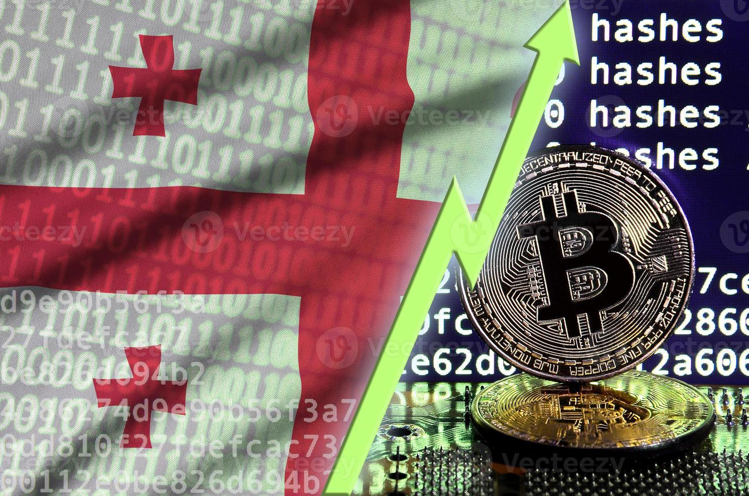 Georgia flag and rising green arrow on bitcoin mining screen and two physical golden bitcoins photo