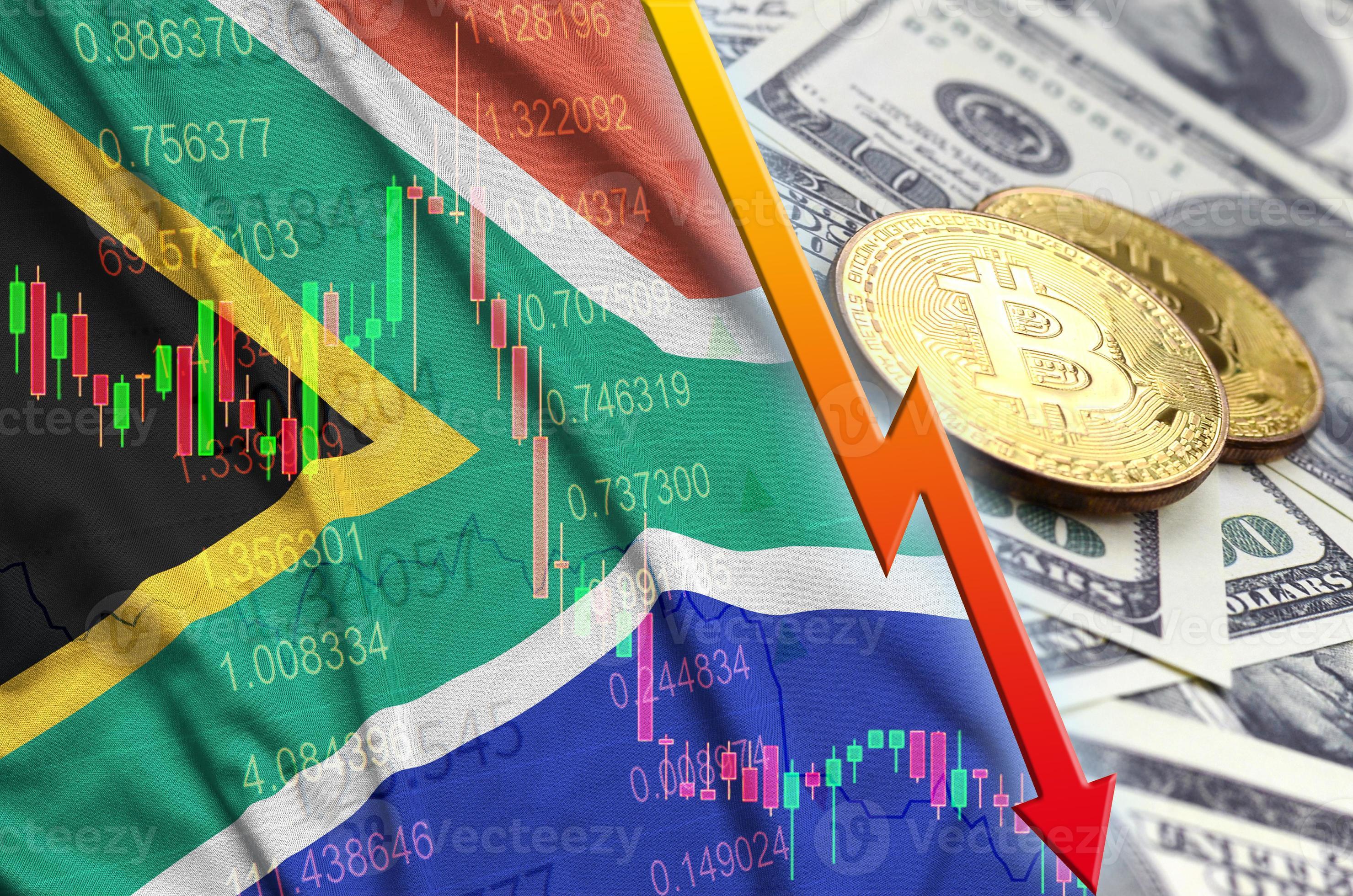 South Africa flag and cryptocurrency falling trend with two bitcoins on