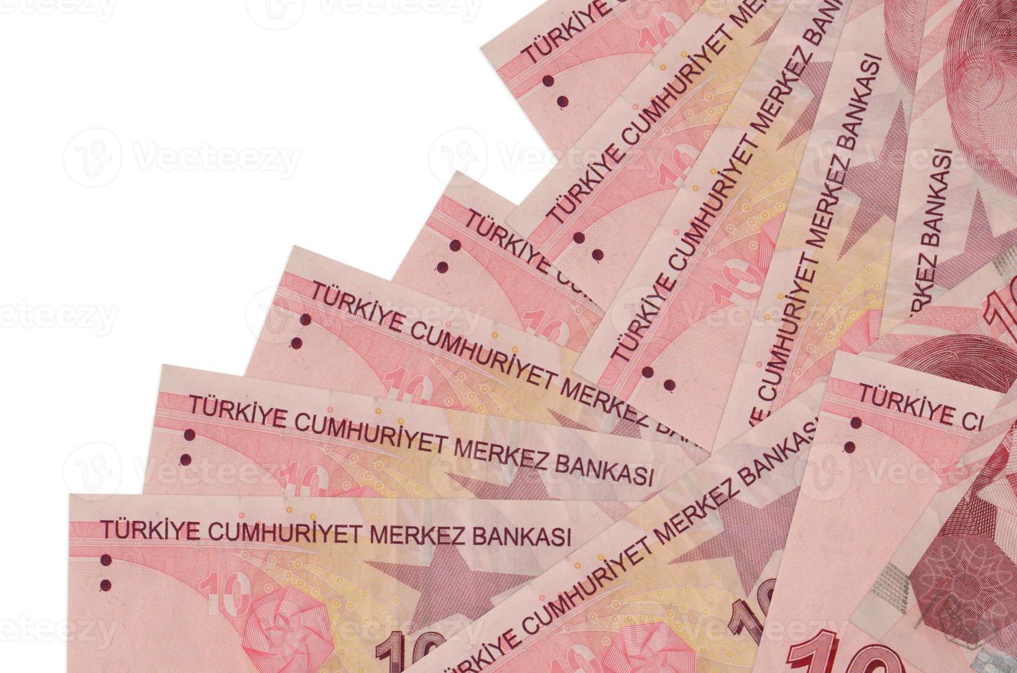 10 Turkish liras bills lies in different order isolated on white. Local banking or money making concept photo