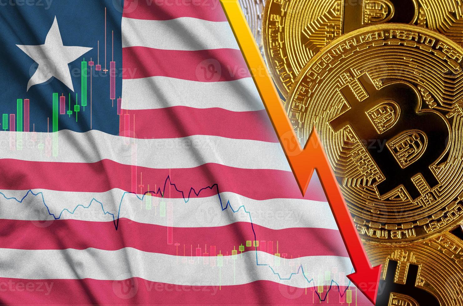 Liberia flag and cryptocurrency falling trend with many golden bitcoins photo