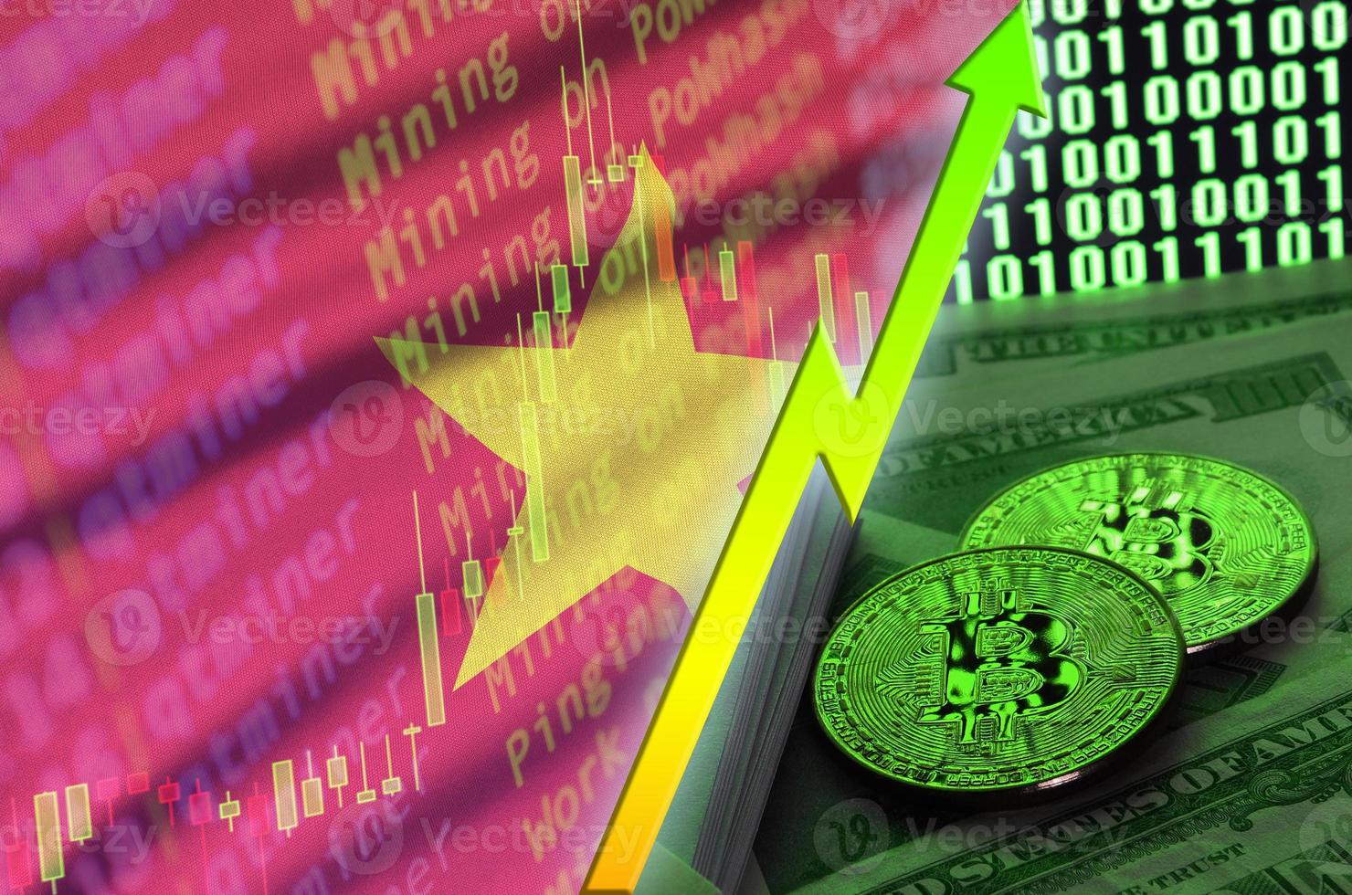 Vietnam flag and cryptocurrency growing trend with two bitcoins on dollar bills and binary code display photo