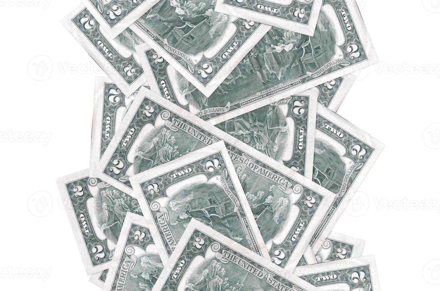 2 US dollars bills flying down isolated on white. Many banknotes falling with white copyspace on left and right side photo