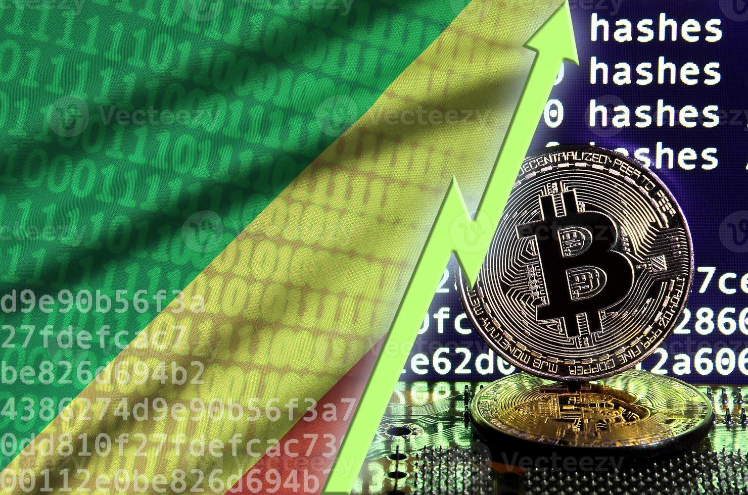 Congo flag and rising green arrow on bitcoin mining screen and two physical golden bitcoins photo
