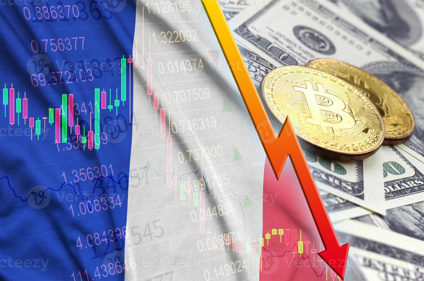 bandera de francia y tendencia de caída de criptomonedas con dos bitcoins en billetes de dólar foto