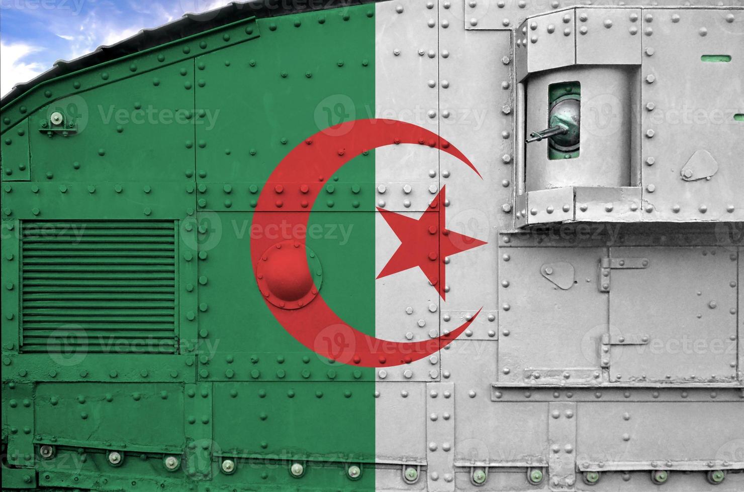 Algeria flag depicted on side part of military armored tank closeup. Army forces conceptual background photo