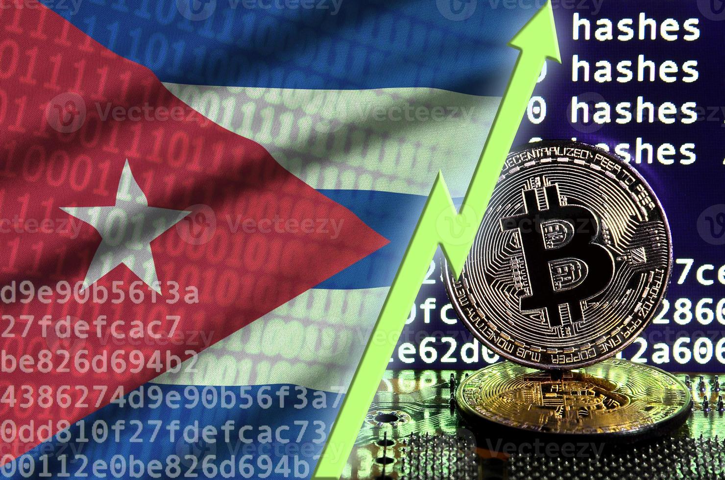 Cuba flag and rising green arrow on bitcoin mining screen and two physical golden bitcoins photo