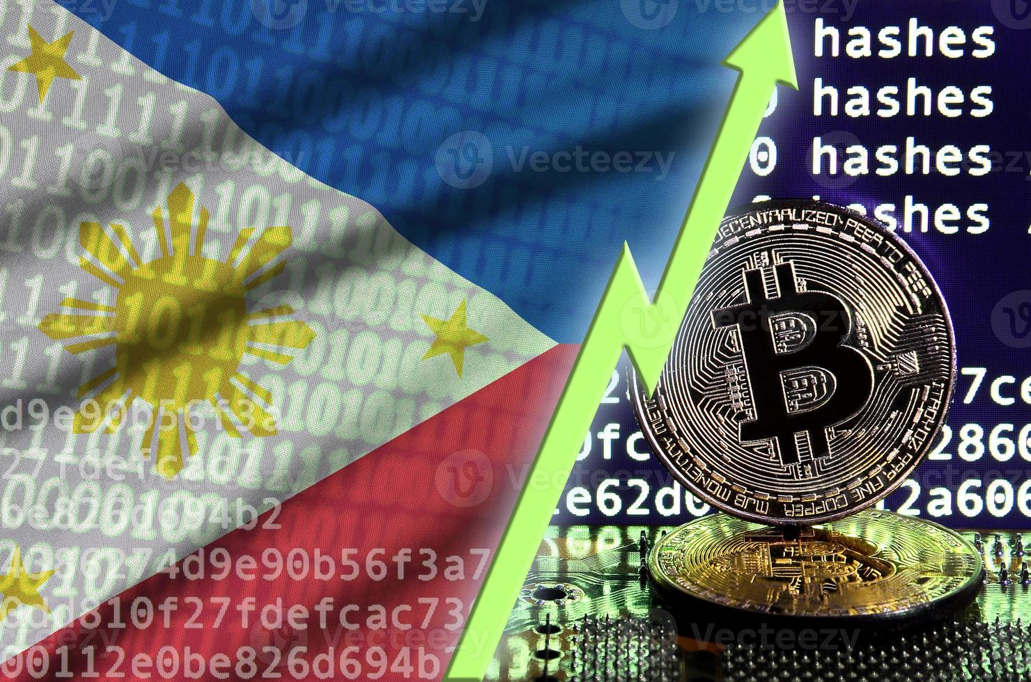 Philippines flag and rising green arrow on bitcoin mining screen and two physical golden bitcoins photo