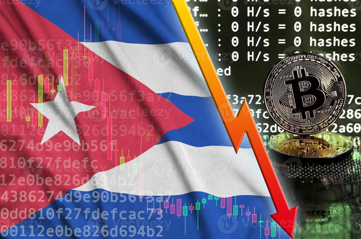 Cuba flag and falling red arrow on bitcoin mining screen and two physical golden bitcoins photo