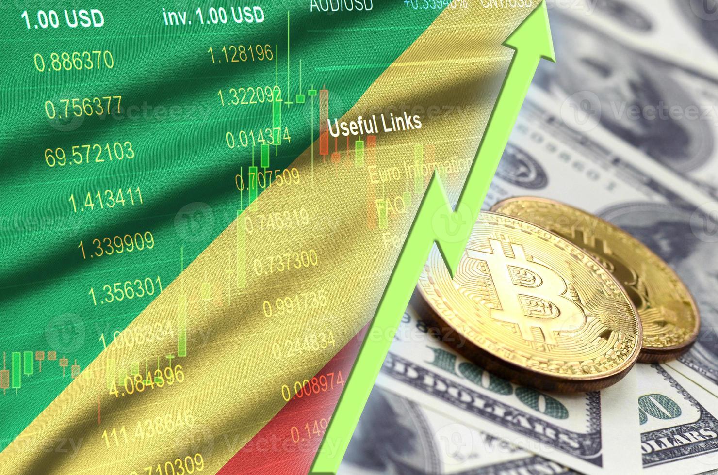 Congo flag and cryptocurrency growing trend with two bitcoins on dollar bills photo