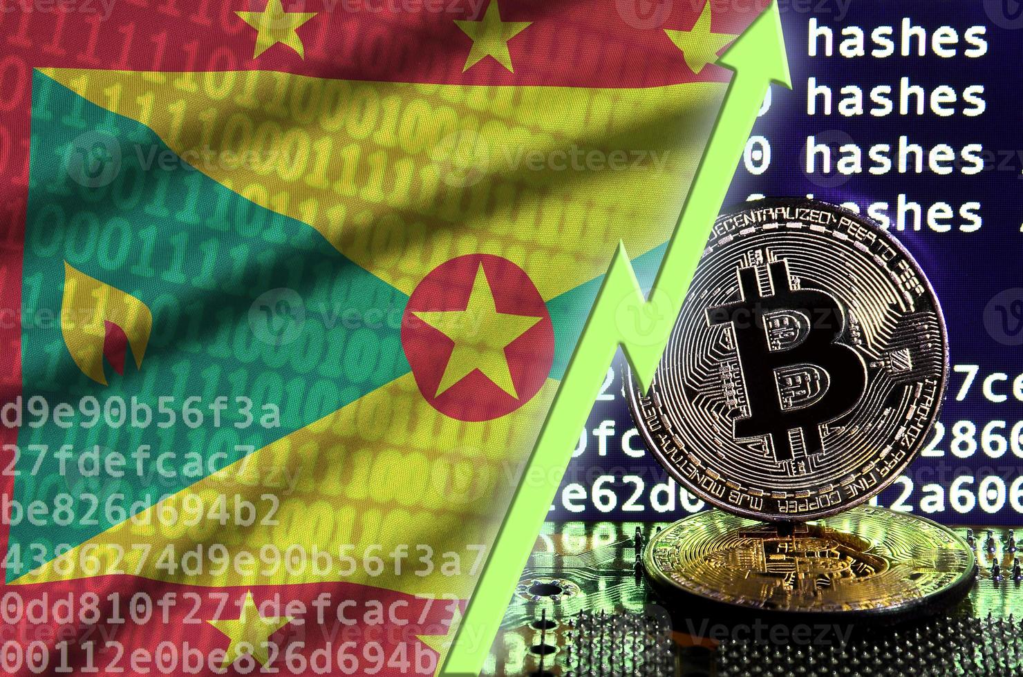Grenada flag and rising green arrow on bitcoin mining screen and two physical golden bitcoins photo
