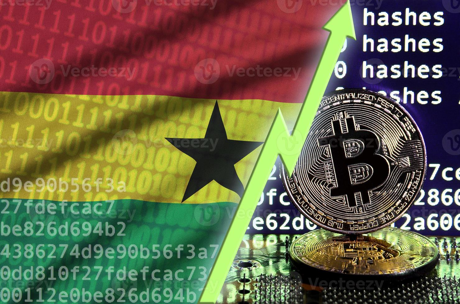 Ghana flag and rising green arrow on bitcoin mining screen and two physical golden bitcoins photo