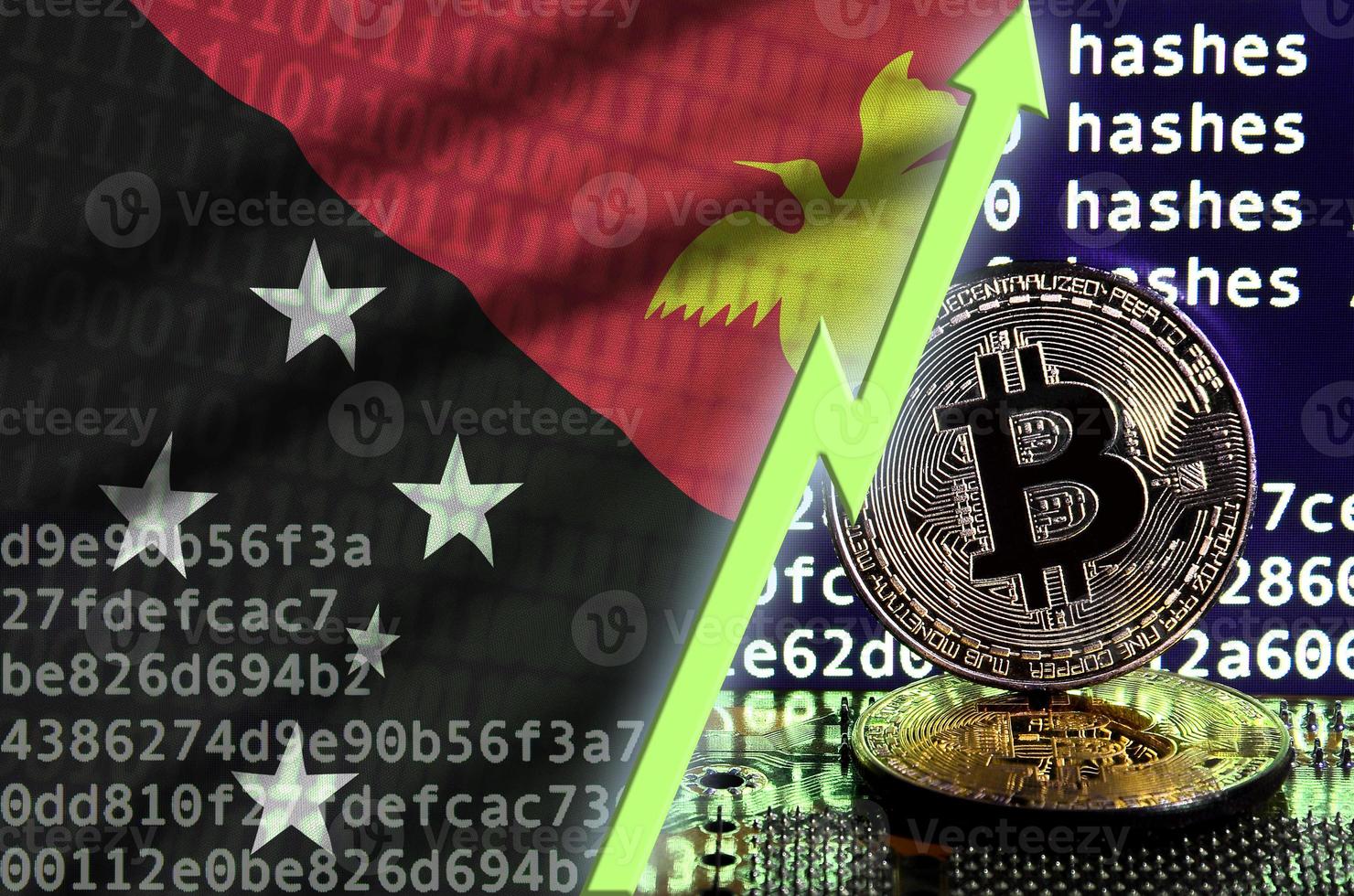 Papua New Guinea flag and rising green arrow on bitcoin mining screen and two physical golden bitcoins photo
