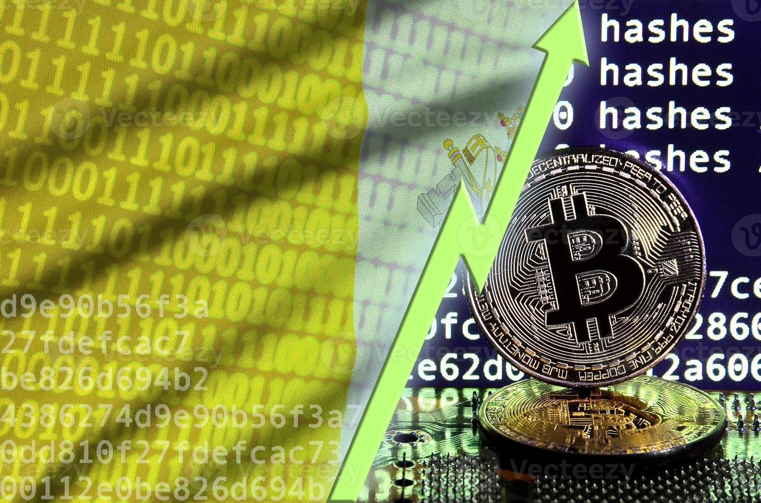 Vatican City State flag and rising green arrow on bitcoin mining screen and two physical golden bitcoins photo