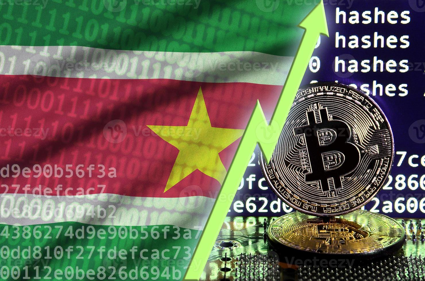 Suriname flag and rising green arrow on bitcoin mining screen and two physical golden bitcoins photo