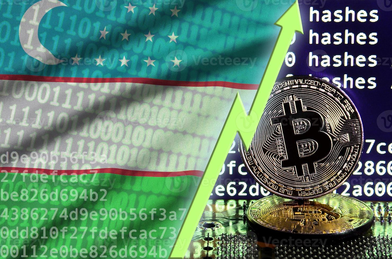 Uzbekistan flag and rising green arrow on bitcoin mining screen and two physical golden bitcoins photo