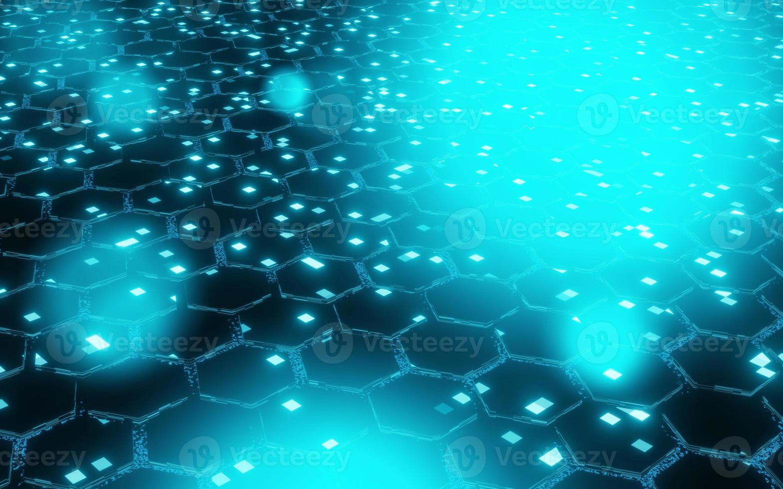 Abstract black and blue color geometric technology background with hexagonal shape, neon light pattern. 3D Render illustration. photo