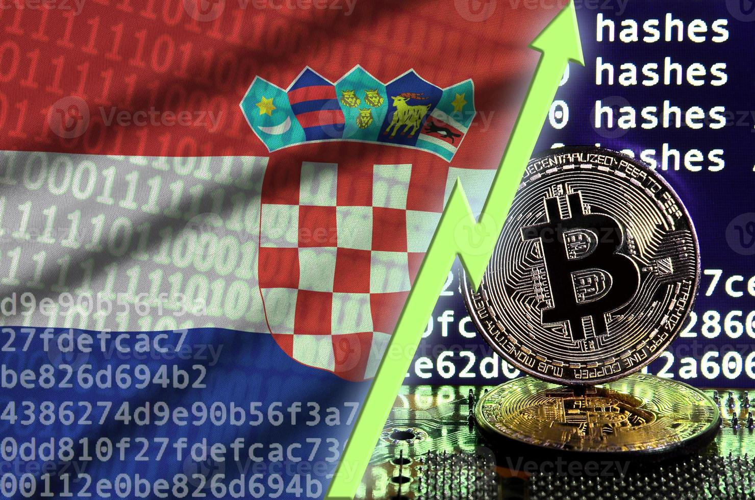 Croatia flag and rising green arrow on bitcoin mining screen and two physical golden bitcoins photo