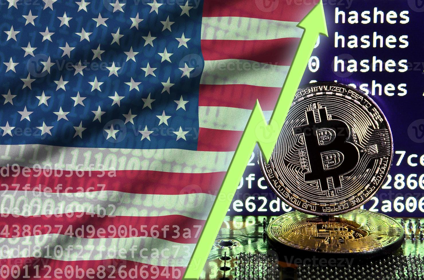 United States of America flag and rising green arrow on bitcoin mining screen and two physical golden bitcoins photo