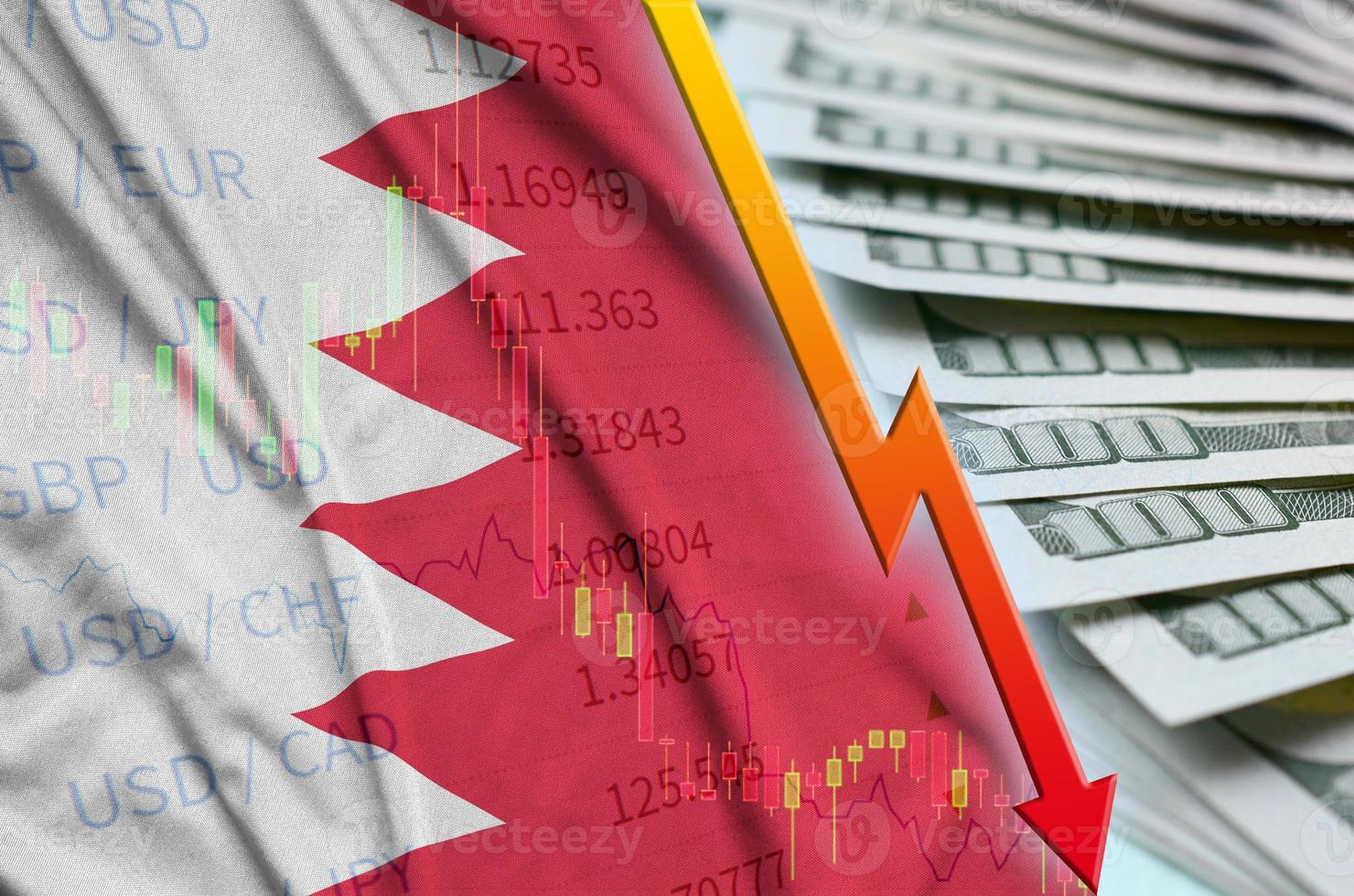 Bahrain flag and chart falling US dollar position with a fan of dollar bills photo