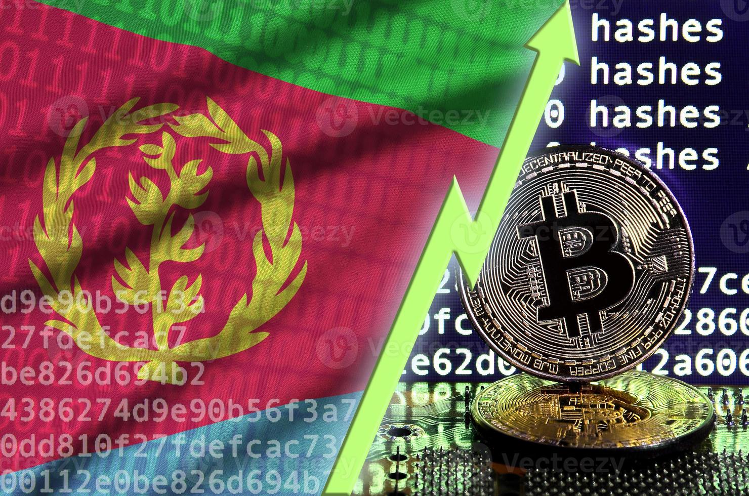 Eritrea flag and rising green arrow on bitcoin mining screen and two physical golden bitcoins photo