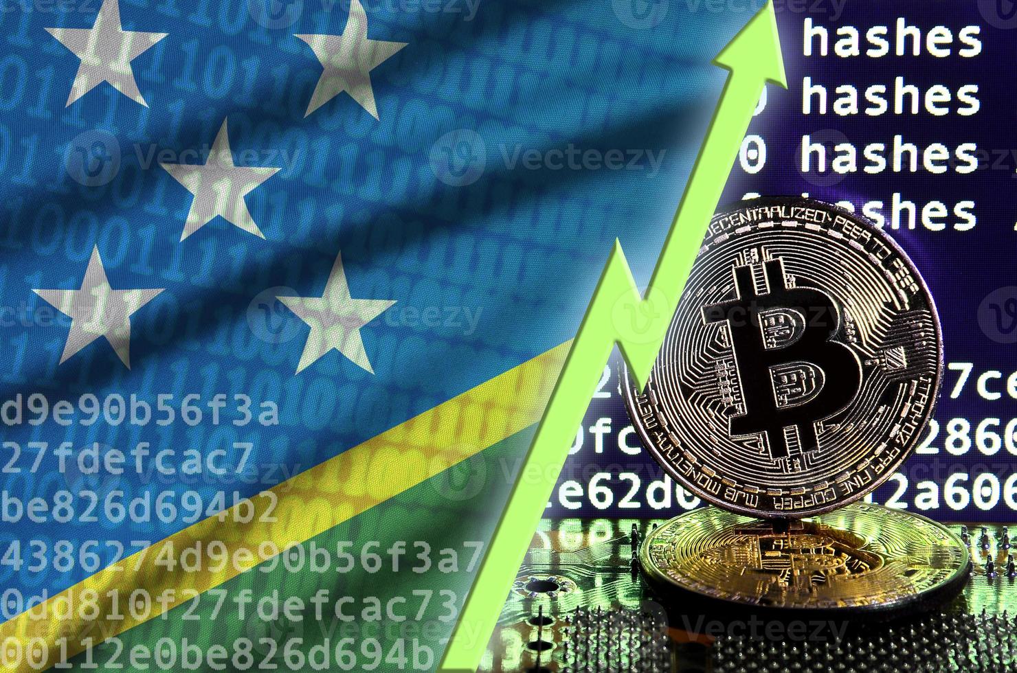 Solomon Islands flag and rising green arrow on bitcoin mining screen and two physical golden bitcoins photo