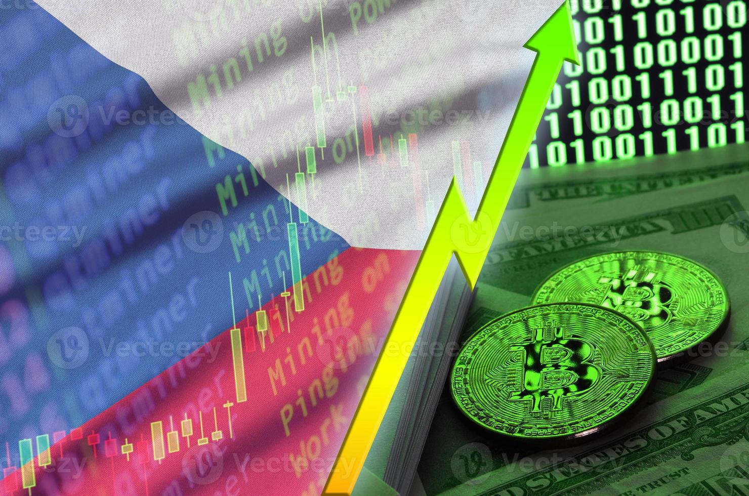 Czech flag and cryptocurrency growing trend with two bitcoins on dollar bills and binary code display photo