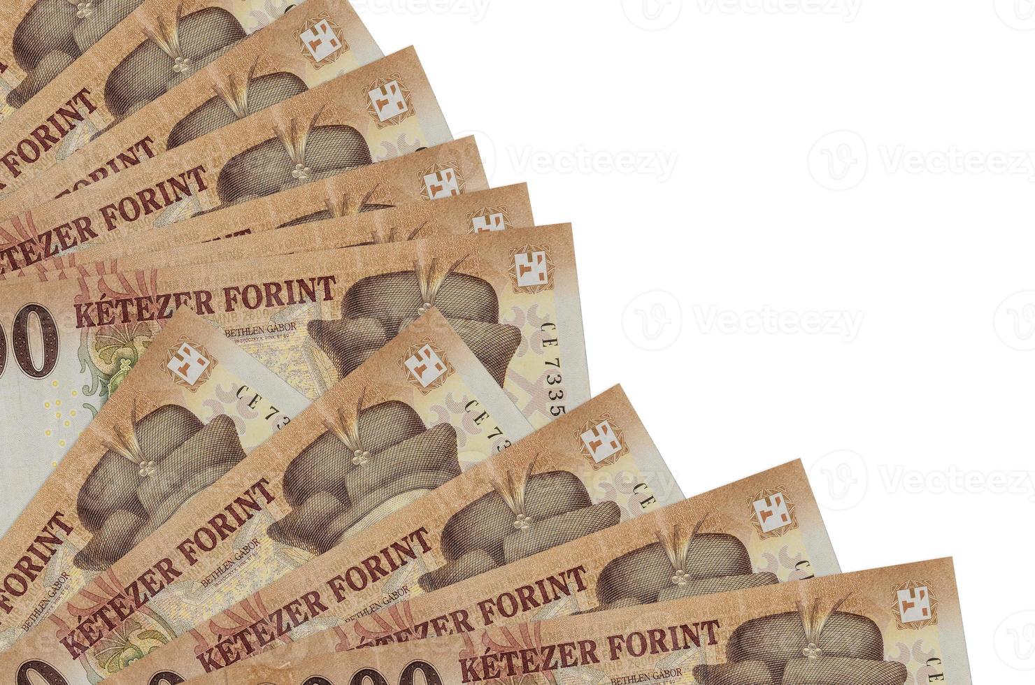 2000 Hungarian forint bills lies isolated on white background with copy space stacked in fan close up photo