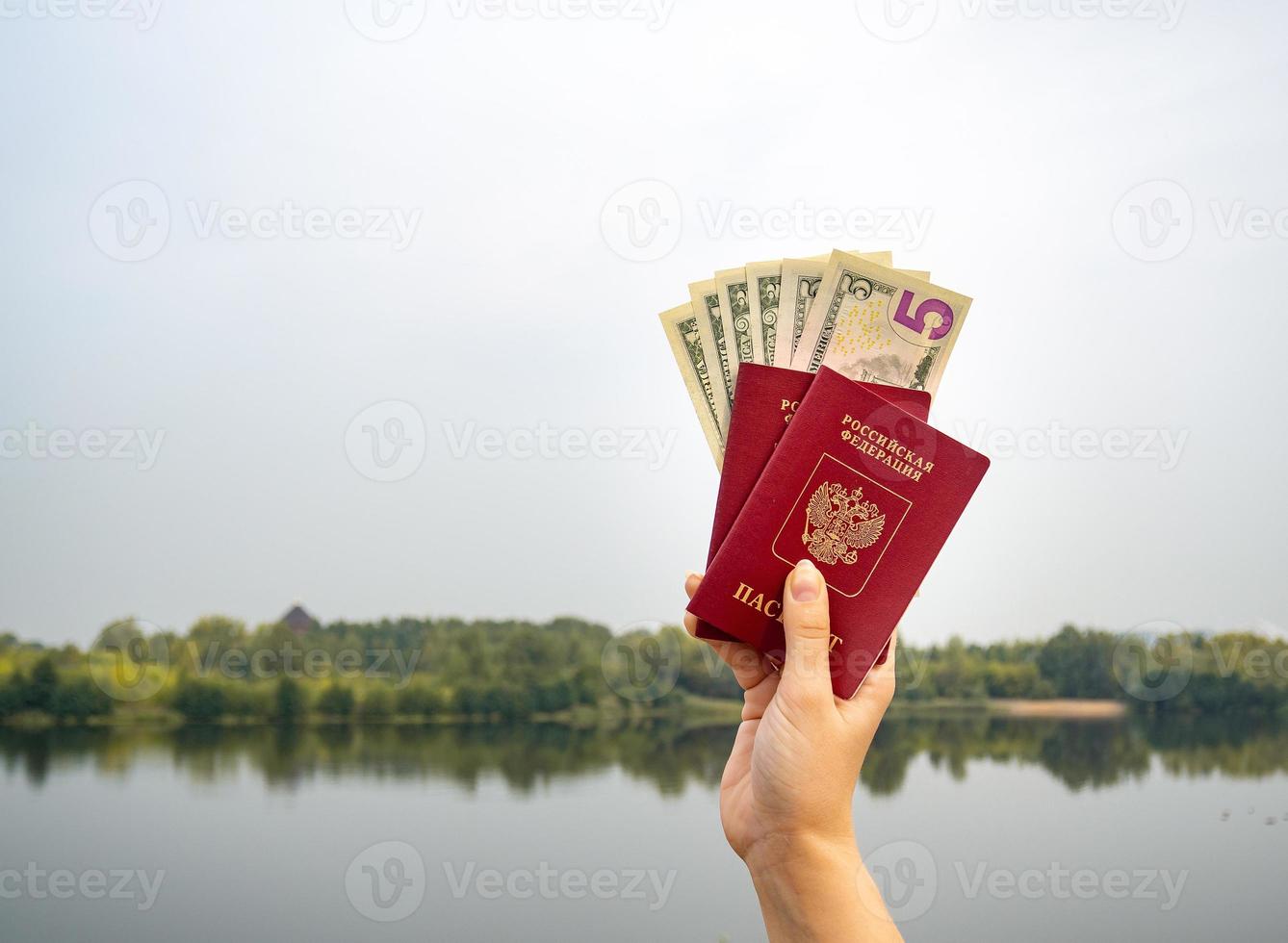 A foreign passport and dollars in your hand, against the background of nature. photo