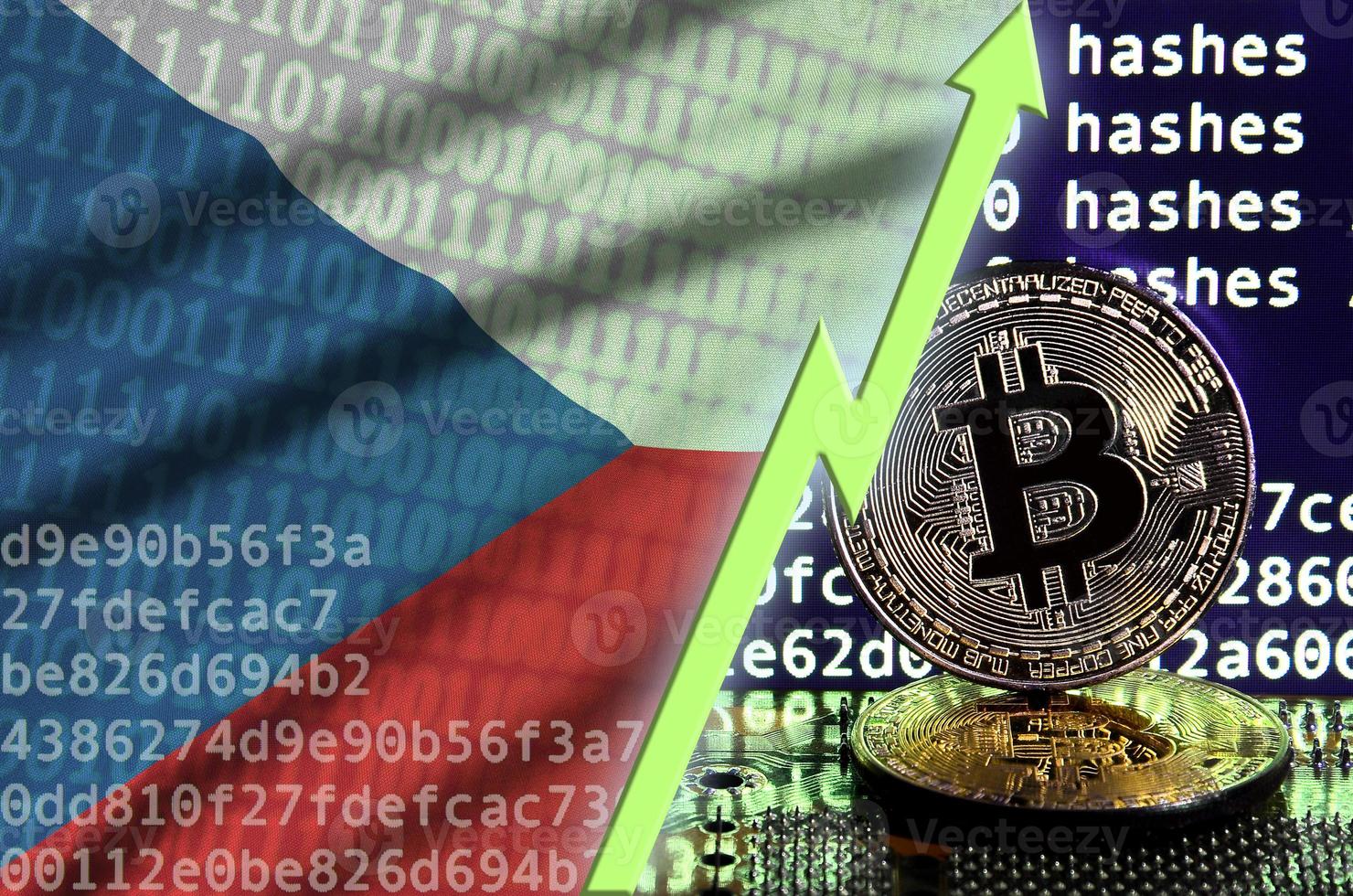 Czech flag and rising green arrow on bitcoin mining screen and two physical golden bitcoins photo
